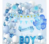 Sroeeshee Baby Shower Decorations for Boys - 113 Pieces IT’S A Boy Banners and Pennant Flags Garland Kit, Mummy to Be Sash Pom Poms Star Heart Foil Balloons for Newborn Gender Reveal Party Supplies