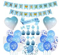 Sroeeshee Baby Shower Decorations for Boys - Blue Baby Shower It’s a Boy Banners and Heart Foil Balloons, Mummy to Be Sash Cupcake Toppers and Confetti for Newborn Gender Reveal Party Supplies