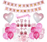 Sroeeshee Baby Shower Decorations for Girls - Pink Baby Shower It’s a Girl Banners and Heart Foil Balloons, Mummy to Be Sash Cupcake Toppers and Confetti for Newborn Gender Reveal Party Supplies