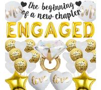 Sroeeshee Engagement Party Decorations Gold - Engaged Letters Balloons and the Beginning of a New Chapter Banner, Heart Ring Diamond Foil Balloons for Bachelorette Party Bridal Shower