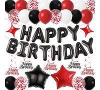Sroeeshee Happy Birthday Balloon Decoration - Black Red Happy Birthday Letter Star Foil and Confetti Latex Balloons, Hanging Swirls Decor Party Supplies for Adults Kids Girls Boys Men Women