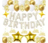 Sroeeshee Happy Birthday Balloon Decoration - White Gold Happy Birthday Letter Star Foil and Confetti Latex Balloons, Hanging Swirls Decor Party Supplies for Adults Kids Girls Boys Men Women