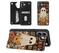 SROJDHFJB Cute Ghosts for iPhone 16 Wallet Case with Card Holder, RFID Blocking Flip Soft PU Leather Kickstand Magnetic Closure Slim Purse Phone Case for iPhone 16