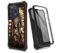 SROJDHFJB Indian Skull American Flag for Cricket Icon Plus 2026 w/Tempered Glass Screen Protector, 2 Layers Shockproof PC Frame + Soft Bumper Phone Case for Att Verge 2 SN333A