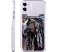 SROJDHFJB Stick On Cell Phone Wallet, Stretchy Lycra Double Pocket Credit Card and Money Holder Adhesive Sticker Phone Pouch Sleeve for Back of iPad iPhone Android and All Smartphones, Indian Horse