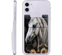 SROJDHFJB Stick On Cell Phone Wallet, Stretchy Lycra Double Pocket Credit Card and Money Holder Adhesive Sticker Phone Pouch Sleeve for Back of iPad iPhone Android and All Smartphones, White Horse
