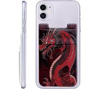 SROJDHFJB Stick On Cell Phone Wallet, Stretchy Lycra Double Pocket Credit Card and Money Holder Adhesive Sticker Phone Pouch Sleeve for Back of iPad iPhone Android and All Smartphones, Red Art Dragon