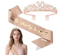 Srotmirw 30th Birthday Crown, 1 Piece Rose Gold Crown with White Diamond and Shoulder Strap for Women at Birthday Party