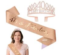 Srotmirw 40th Birthday Crown, 1 Piece Rose Gold Crown with White Diamond and Shoulder Strap for Women at Birthday Party