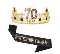 Srotmirw 70th Birthday Crown, 1 Piece Gold Crown with Black Diamond and Shoulder Strap for Man at Birthday Party
