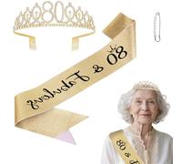 Srotmirw 80th Birthday Crown, 1 Piece Gold Crown with White Diamond and Shoulder Strap for Women at Birthday Party