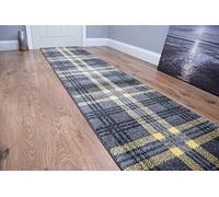 SrS Rugs® Glendale Collection Tartan Long Carpet Runner Rug for Hall and Stairs, 67cm wide, Made to any length (Grey & Yellow, Length: 15' (457cm))