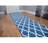 SrS Rugs® Luna Collection, Modern Long Carpet Runner Rug for Entrance Hall and Stairs. Smooth Soft 8mm Depth Pile. 70cm Wide. Any Length (Blue Trellis, Length: 13' (396cm))