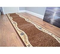 SrS Rugs® Luna Collection, Modern Long Carpet Runner Rug for Entrance Hall and Stairs. Smooth Soft 8mm Depth Pile. 70cm Wide. Any length (Brown Floral Borders, Length: 18' (549cm))