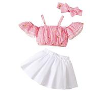 SRTUMEY 3-6 Months Preschool Children's Short Sleeved Floral Stripe Printed Top+Pure White Skirt Set Suitable for Babies from 3-24 Months Old Baby Fancy Dress 1#Pink
