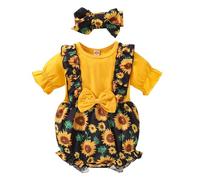 SRTUMEY Baby Girls' Jumpsuit Clothing Girls Infant Printed Sunflower Sleeve Bowknot Headbands Baby Bodysuitt Set Short Romper Floral Girls Romper&Jumpsuit Baby Girl Romper Suits Yellow