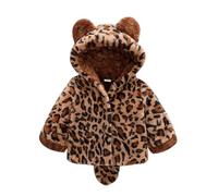 SRTUMEY Boys Girls Fall Winter Leopard Print Padded Jacket with Cute Ears Hood Kids Winter Teddy Plush Coat Jackets for Xmas Gifts (Coffee, 6-12 Months)