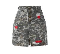SRTUMEY Grey Women Camo Cargo Skirt Sexy High Split Button Ripped Hem Camouflage Mini Skirts with Pockets Skirts for Women Metallic M