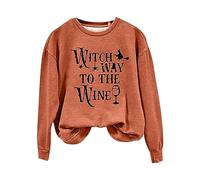 SRTUMEY Hoodless Sweatshirt for Women UK Women's Fashion Halloween Witch Way To The Wine Printed Round Neck Off Shoulder Long Sleeve Sweatshirt Top UK Sale