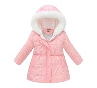 SRTUMEY Kids Girls Long Woolen Collar Hooded Puffer Jacket Girl High Waisted Printed Cotton Padded Coat Winter Thick Fleece Lined Jacket for Age 5-6 Years Girl Pink-4