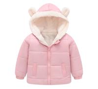 SRTUMEY Kids Winter Coat with Cute Bear Ears Hood Boys Girls Solid Color Short Cotton Padded Jacket Plush Faux Fur Lined Parka Coat (Pink, 7-8 Years)