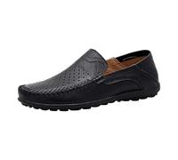 SRTUMEY Mens Comfy Slip On Leather Casual Walking Shoes with Woven Stitching Detail and Cushioned Rubber Sole for Summer Leisure and Travel Activities Black, Size 7.5