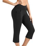 SRTUMEY Pocket Cropped Yoga Pants Stretch Capris High Waist Workout Running Pants Long Flare Pants Yoga Pants Capri Leggings Black S