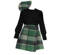 SRTUMEY Toddler Big Kids Girls Skirt Sets Long Sleeve Ribbed Solid Tops Blouse Plaid Skirt With Hat Outfit Set 3PCS Christmas Girl Outfit Flower Girl Dress Hot 9-10 Years 1#Green