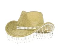 SRTUMEY Western Cowboy Hat Cowgirl Hats with Rhinestone Tassel Party Fedora Hat Costume for Women Men Wedding Music Costume Party Gold
