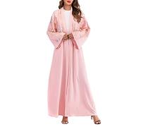 SRTUMEY Women Muslim Dresses Abaya Open Front Cardigan Maxi Dress Dubai Islamic Dress Middle East Arabian Robe Eid Prayer Dress with 3D Flower Embroidered YL0414 1_Pink S