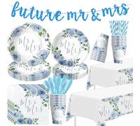 Srua Don Mr and Mrs Dusty Blue Bridal Shower Decorations, Something Blue Floral Wedding Party Supplies, Plate, Napkin, Cup, Tablecloth, Banner, Couple Bridal To Be Engagement Decorations, Serves 24