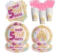 Srua Don Princess 5th Birthday Party Decorations Tableware Girl, Pink and Gold Princess Theme Her Royal 5ness Birthday Party Supplies, Disposable Paper Plate, Cup, Napkin, Cutlery, Serves 24