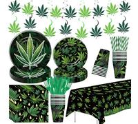 Srua Don Weed Party Decorations Supplies, Weed Birthday Decorations, Paper Plate, Napkin, Cup, Tablecloth, Banner, Swirls, Green Pot Weed Leaves Party Decor For Adults 420 Birthday, Serves 24