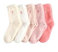 Srumvoat 5 Pairs Women's Fluffy Socks, with Adorable Bow Embroidery, Winter Soft Warm Bed/Slipper Socks for Ladies, Coquette Stuff Fluffy, Wonderful Birthday Christmas Gifts for Girls, Size UK 3-7