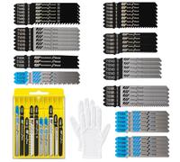SRunDe 50 Piece T-Shank Jigsaw Blades Set with Storage Case Gloves | T119BO,T101AO,T101BR,T118A,T118B,T144D,T101B,T119B,T123X,T127D Jig Saw Blades Mixed Compatible with Bosch,DeWALT,Makita,Ryobi