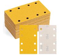 SRunDe 60 pieces 80 x 133 mm P80 sandpaper set sandpaper | 8 Hole Aluminium Oxide Back Sanding Sheets Yellow Sandpaper for Orbital Sander Wood Metal Plastic