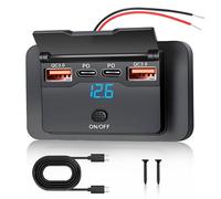 SRunDe 76W 4 Port USB Socket 12V for Motorhomes with Switch Dual 36W PD Port and Dual 18W QC3.0 Port Surface Mounted Car Charger, Fast Charger, Flush-Mounted USB Socket for Motorhomes Cars Trucks