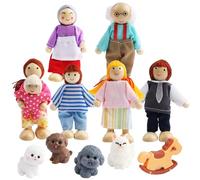 SRunDe Sets of 7 Doll House Figures, People Wooden Dollhouse Family with Pet Cat & Dog Happy Family Playset for Children Pretend Dollhouse Accessories Gift