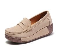 SRUQ Women's Loafers Ladies Moccasins Platform Suede Walking Shoes Low-top Classic Casual Breathable Wedge Work Shoes (Beige, Numeric_6)