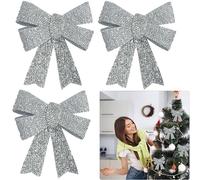 SRV Hub 3Pcs Silver Glitter Christmas Bows 11cm, Decorative Xmas Bows for Tabletop Trees, Wreaths, Hanging Door Decorations, Christmas Crafts and Holiday Supplies