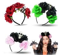 SRV Hub 3x Sugar Skull Glitter Headbands - Day of the Dead Flower Crown Dia de los Muertos Rose Skeleton Halloween Hair Hoops - Costume Accessories for Women Girls Party Cosplay