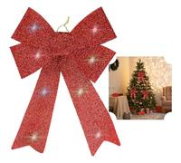 SRV Hub 43cm Large Red Bow for Xmas Décor, 8 Warm Multicolor LEDs Lights Ribbon Double Bow, Christmas Glitter Bow for Xmas Tree Topper Ornaments Indoor Outdoor Christmas Tree Wreaths Decoration