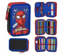 SRV Hub 44PCs Spiderman Filled Pencil Case - 3 Compartment Travel Activity Set with Pens, Pencils, Colouring Tools & Accessories, Back to School Stationery Kit for Kids 3+ Years