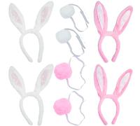 SRV Hub 4x Easter Bunny Ears Headband with Pom Pom Tail Set - Pink & White Rabbit Costume Accessories for Kids & Adults, Easter Fancy Dress, Party Cosplay