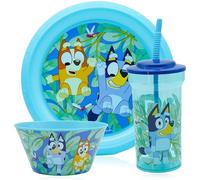 SRV Hub Bluey Kids Dinner Set 3Pcs, 460ml Tumbler with Straw, 14.5cm Snack Bowl & 21.5cm Plate, BPA Free Reusable Plastic Tableware, Lightweight & Durable Feeding Set for Kids 4+ Years
