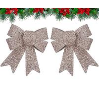 SRV Hub Christmas Bows Decoration, Xmas Tabletop Tree Wreaths Bows for Hanging and Decorating Doors Christmas Crafts Supplies (2Pk- 16cm Rose Gold Glittered Bows)