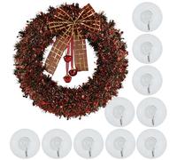 SRV Hub Christmas Red Tinsel Wreath 40cm and 10Pcs Suction Hooks, Xmas Door Wreath with Bells & Bow, Easy Install Self Adhesive Transparent Hooks for Wreaths Xmas Decor