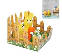 SRV Hub Easter Bunny Table Centerpiece Decoration - Twin Plush Rabbits with Yellow Picket Fence, Carrot & Flowers, Mini Easter Craft Scene Ornament for Table Decor, Party & Home (8cm)