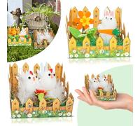 SRV Hub Easter Decorations Set of 2 - Plush Bunny & Chicks with Yellow Picket Fence, Carrot & Sunflower, Mini Easter Centerpiece for Table Decor, Crafts & Party Supplies (8cm)