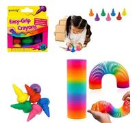 SRV Hub Extra Large 15cm Rainbow Spring Fidget Toy & 14 Pack Non-Toxic Easy Grip Wax Crayons Bundle, Sensory Slinky, Art Craft Set, Party Bag Fillers, Gift for Boys Girls 3+